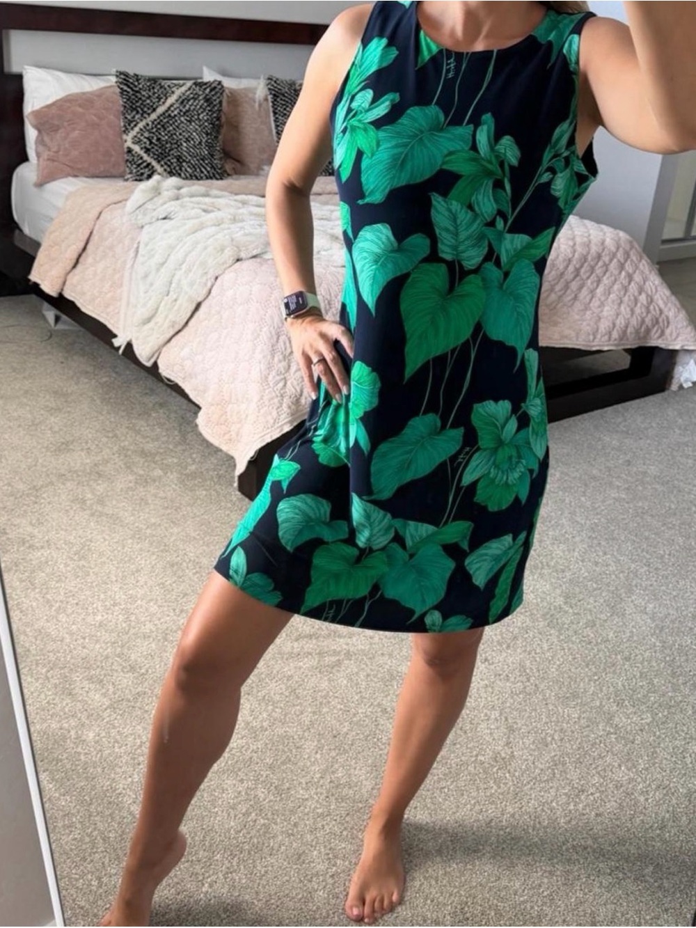 Tommy Hilfiger Navy Sleeveless Shift Dress with Green Leaf Print